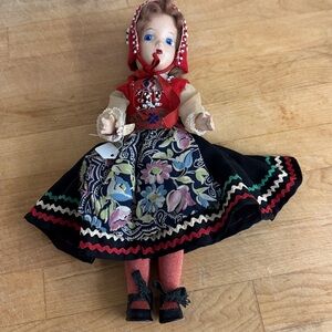 Vintage Folk Doll beautiful detail stitching, beadwork painted face